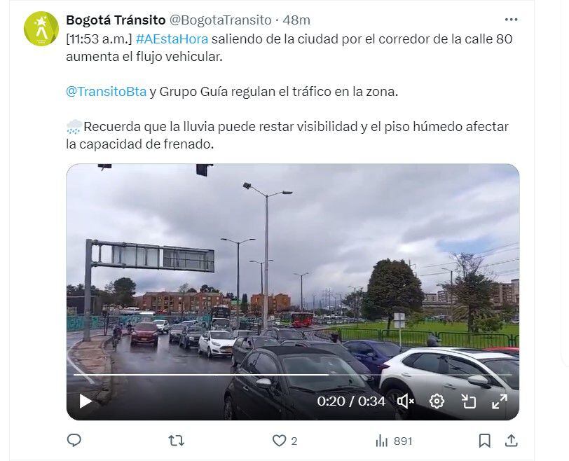 Bogotá Tránsito informó sobre el flujo vehicular por la salida de la ciudad en la calle 80 - crédito @BogotaTransito