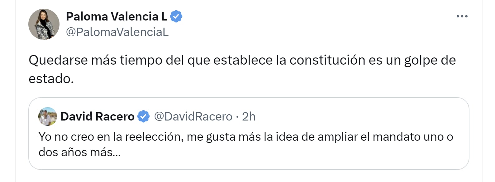 La senadora Paloma Valencia aseguró que extender el mandato presidencial sería un golpe constitucional - crédito X