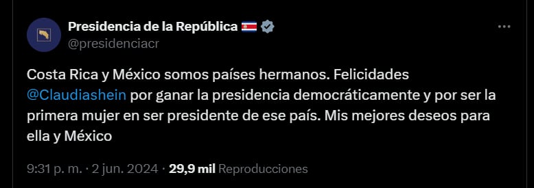 Presidencial de la República de Costa Rica felicita a Claudia Sheinbaum por su virtual triunfo en la elección presidencial (Captura de Pantalla)