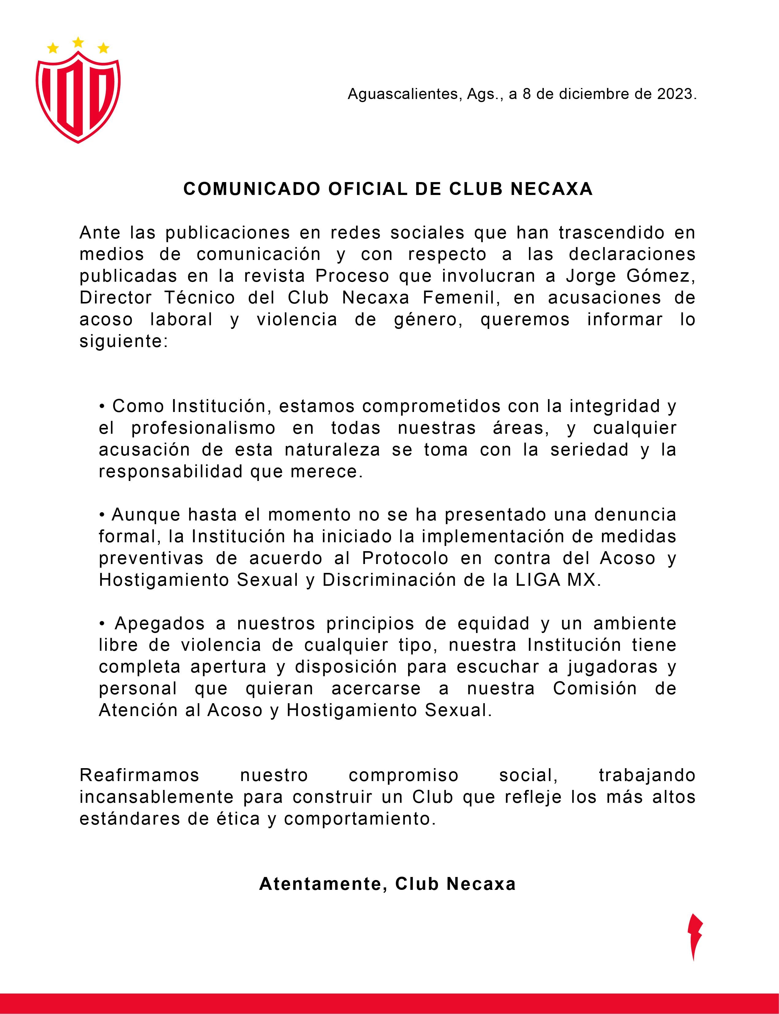 El Club Necaxa Femenil emitió un comunicado en el que abordaba las acusaciones de violencia de género en relación con su entrenador.