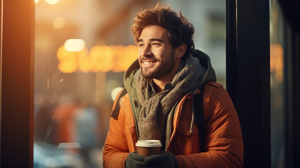 Hombre abrigado disfruta de una bebida caliente en el interior de una cafetería en una fría mañana de invierno. (Imagen ilustrativa Infobae)