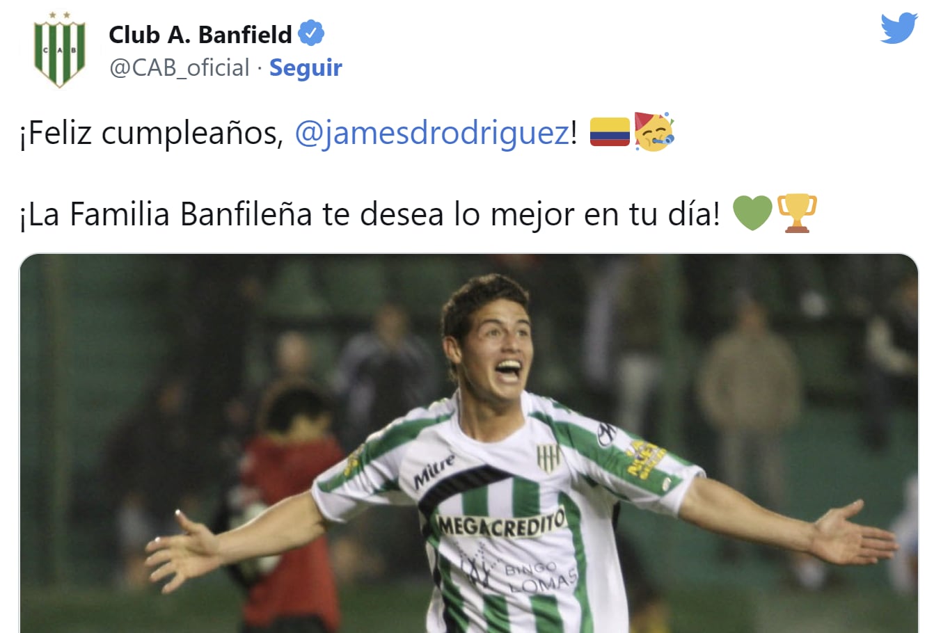 Banfield le envió un mensaje de cumpleaños a James Rodríguez. Imagen: @CAB_oficial.