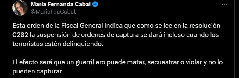 Pronunciamiento de la senadora María Fernanda Cabal sobre suspensión de órdenes captura - crédito @MariaFdaCabal/X