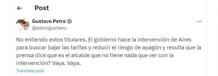 Gustavo Petro hace una publicación en su cuenta de X hablando de la reducción en la tarifa de energía en la costa Caribe - crédito @petrogustavo