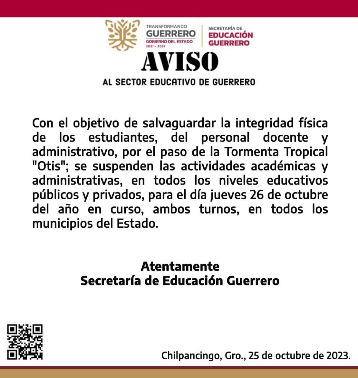El comunicado de la Secretaría de Educación de Guerrero. (Captura)