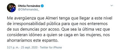 La legisladora Ofelia Fernández repudio que no se hayan tenido en cuenta las denuncias extrajudiciales sobre acoso y machismo. 