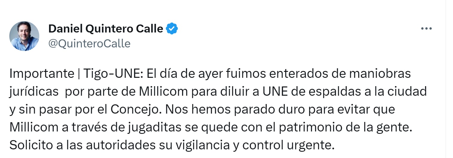 Mensaje de Daniel Quintero sobre decisión acerca de Tigo