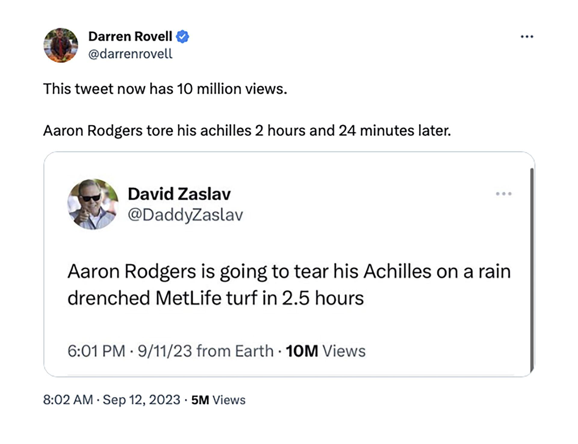 La publicación en Twitter que vaticinó la lesión de Aaron Rodgers.