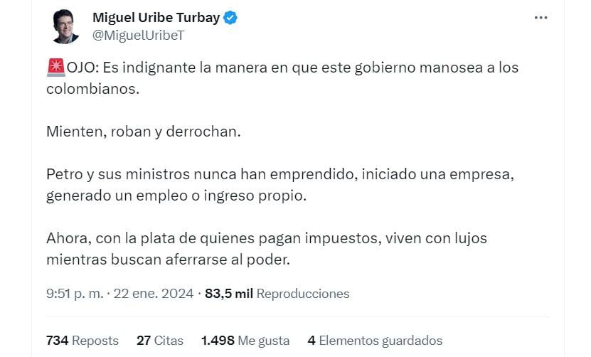 Miguel Uribe Turbay arremete contra el gabinete ministerial del presidente - crédito @MiguelUribeT