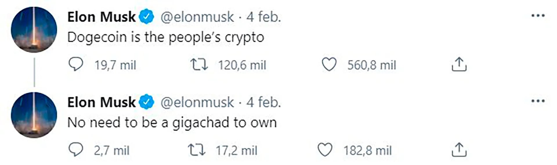 "Dogecoin, la moneda de la gente", tuitea Elon Musk desde su cuenta
