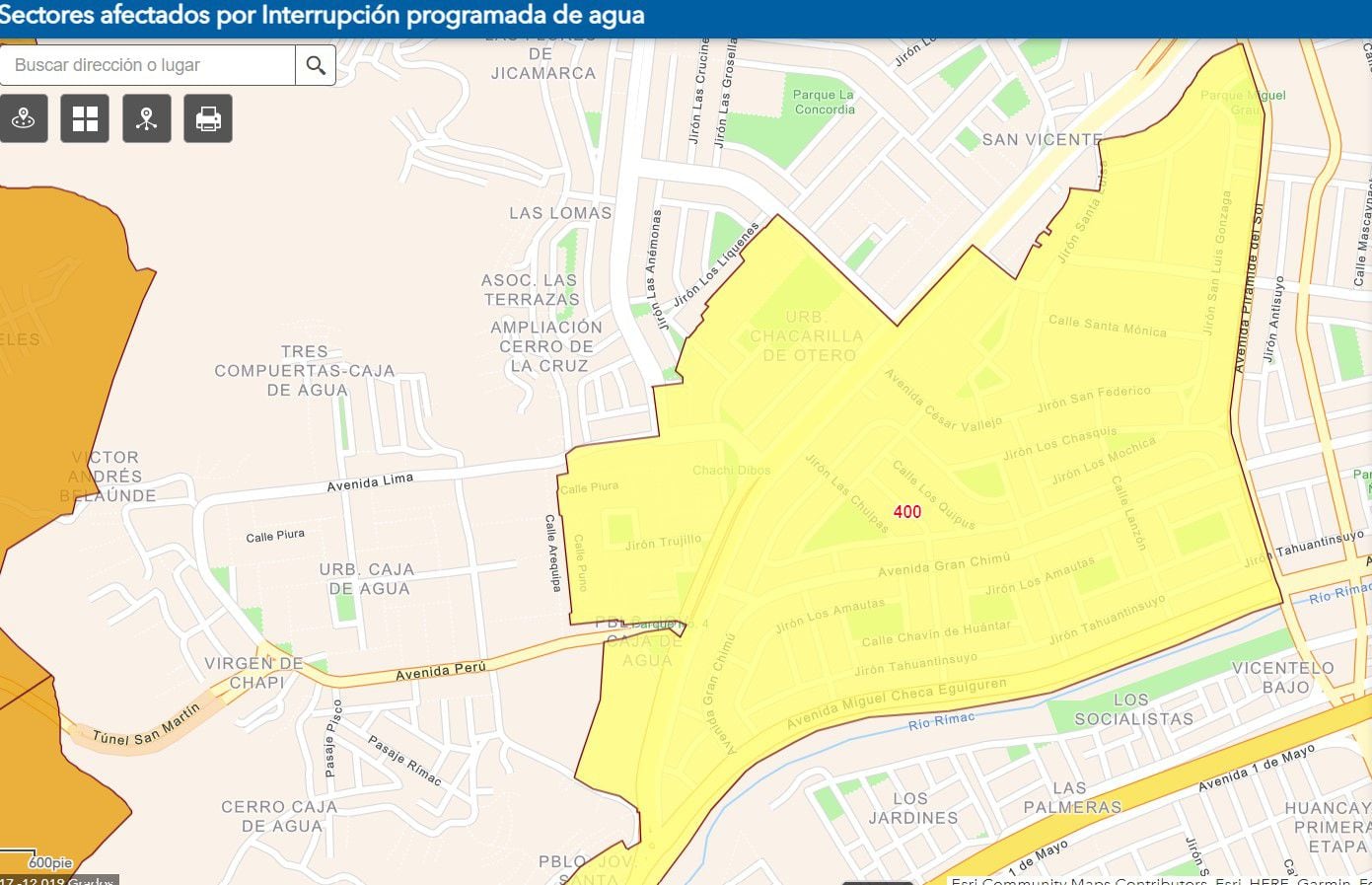 Mapa del sector 400 de San Juan de Lurigancho donde no habrá agua desde el 6 de octubre