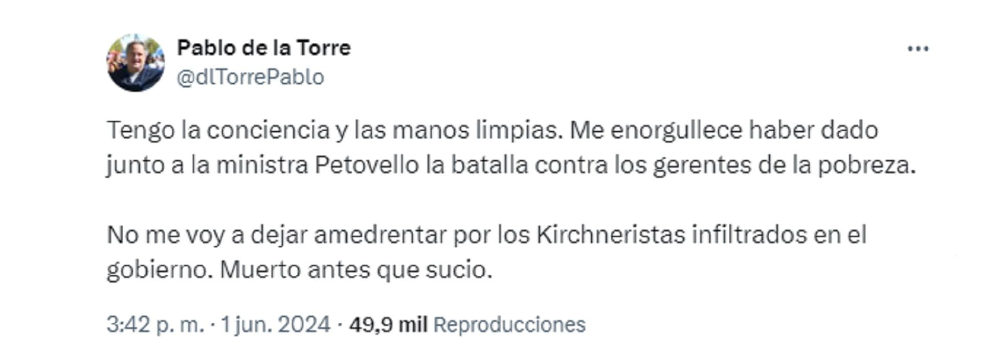 El posteo de Pablo de la Torre en su cuenta de X 