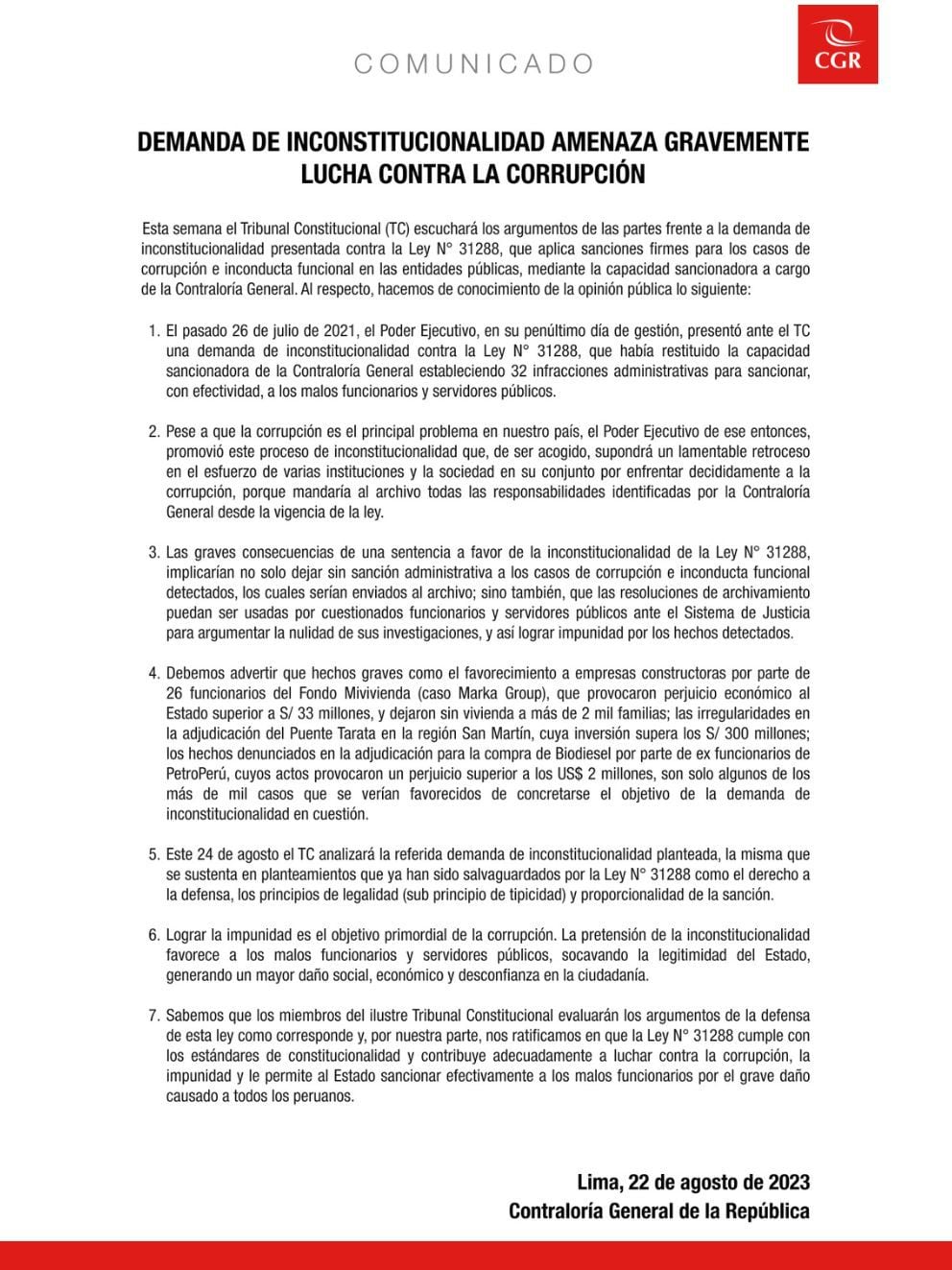 Entidad liderada por Nelson Shack instó al TC a no declarar fundada demanda de inconstitucionalidad.| Contraloría