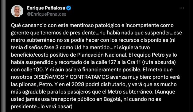 Enrique Peñalosa estalla en contra del presidente Gustavo Petro - crédito @Enriquepenalosa