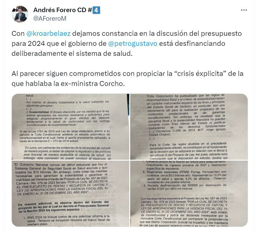 Publicación de Andrés Forero, representante a la Cámara, donde dio a conocer la constancia de que el PGN dejará desfinanciada la salud - crédito @AForeroM/X