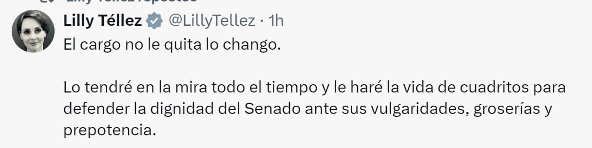 La senadora escribió unas palabras en sus redes sociales. (Foto: @LillyTellez)