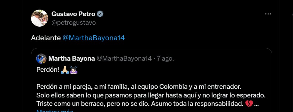 Petro publica mensaje en apoyo a ciclista Martha Bayona en París 2024 - crédito @petrogustavo/X