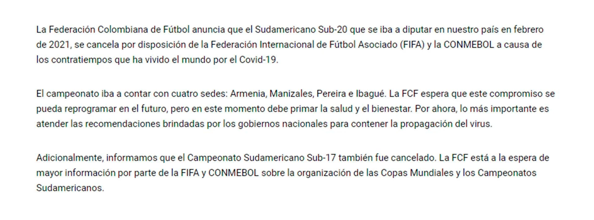 El comunicado oficial de la Federación Colombiana de Fútbol