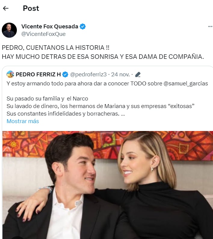 Fox desata polémica por comentario en contra de Mariana Rodríguez. (Foto: Tomada de la red social X)