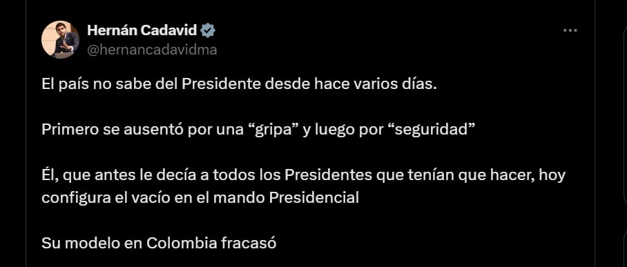 El congresista recordó que Petro le decía a otros mandatarios lo que tenían que hacer, pero él no lo hace ahora - crédito @hernancadavidma/X