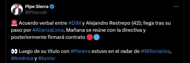 Alejandro Restrepo tendría todo acordado para firmar contrato con el Independiente Medellín - crédito @PSierraR/X