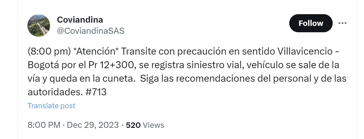 Coviandina reportó un nuevo siniestro en la vía al Llano, en sentido Villavicencio-Bogotá - crédito @CoviandinaSAS/X