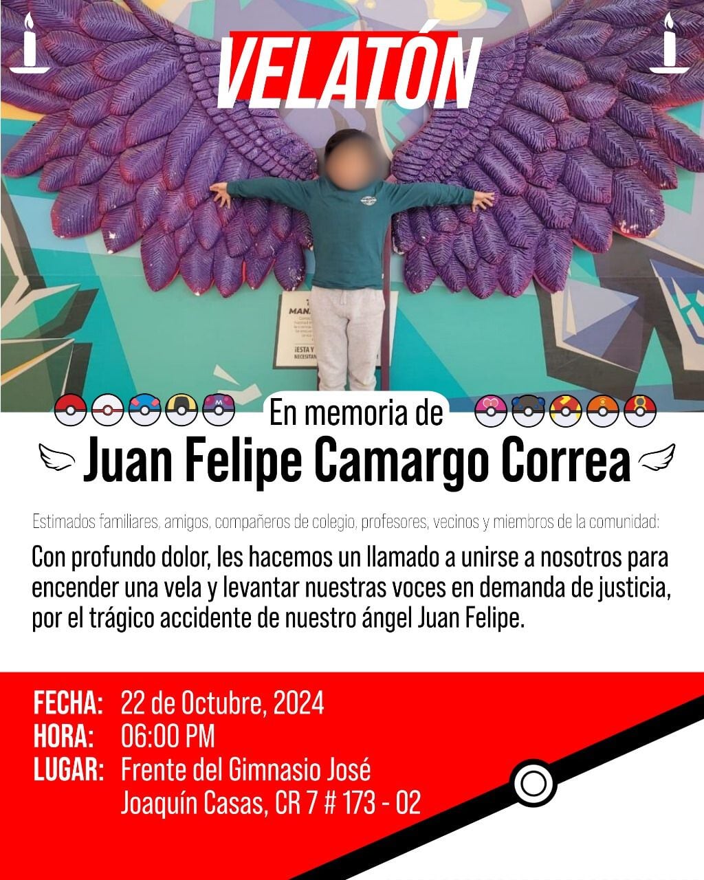 La familia ha convocado a una velatón el 22 de octubre a las 6:00 p. m. frente al colegio del menor - crédito suministrada