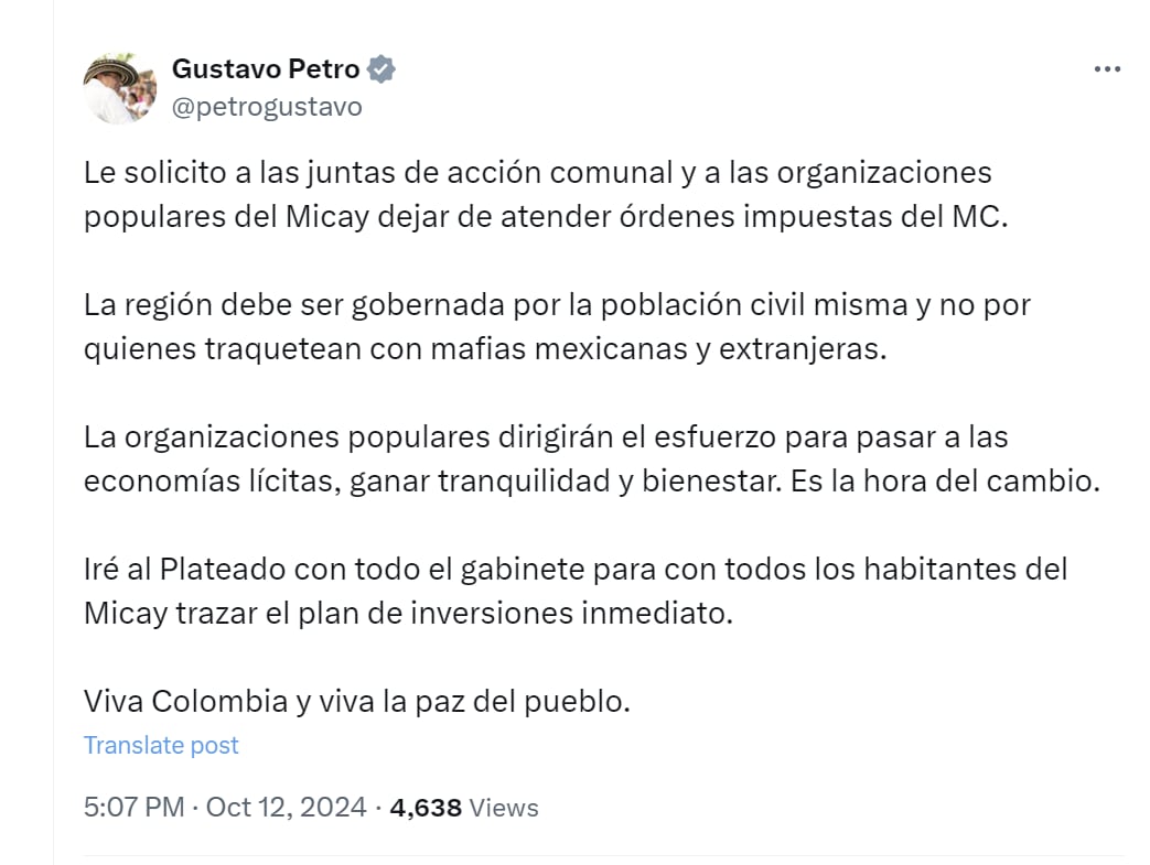 El presidente Gustavo Petro aseguró que la población debe gobernar en El Plateado y no los grupos armados, como actualmente pasa - crédito @petrogustavo/X