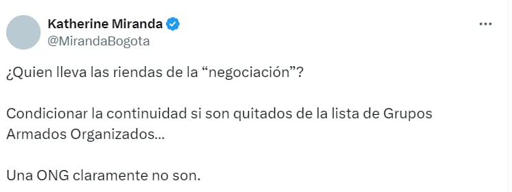 La representante Miranda cuestionó la postura del ELN a través de su cuenta de X - crédito @MirandaBogota/X