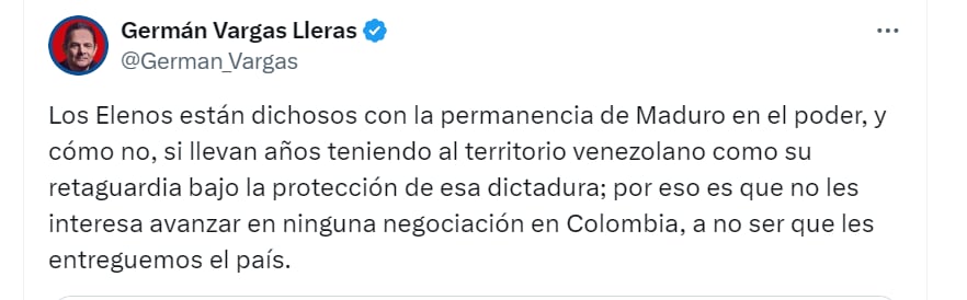 Germán Vargas Lleras se pronuncia sobre comunicado falso del ELN - crédito @German_Vargas/X