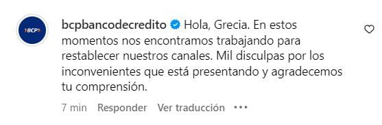 Así responde el BCP sobre la caída de sus sistema en Instagram. - Crédito Captura de Instagram