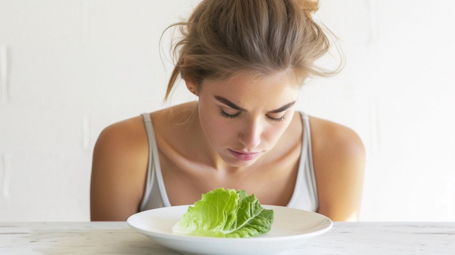 Joven observando plato con únicamente lechuga, retratando dificultades relacionadas a desórdenes alimenticios. (Imagen Ilustrativa Infobae)