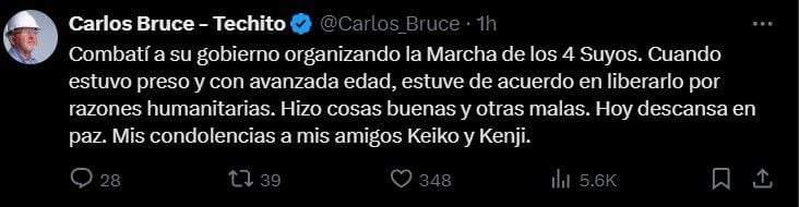 El alcalde de Surco, Carlos Bruce expresó sus condolencias a Keiko y Kenji Fujimori, hijos del fallecido expresidente. (Fuente: X/ @ Carlos_Bruce)