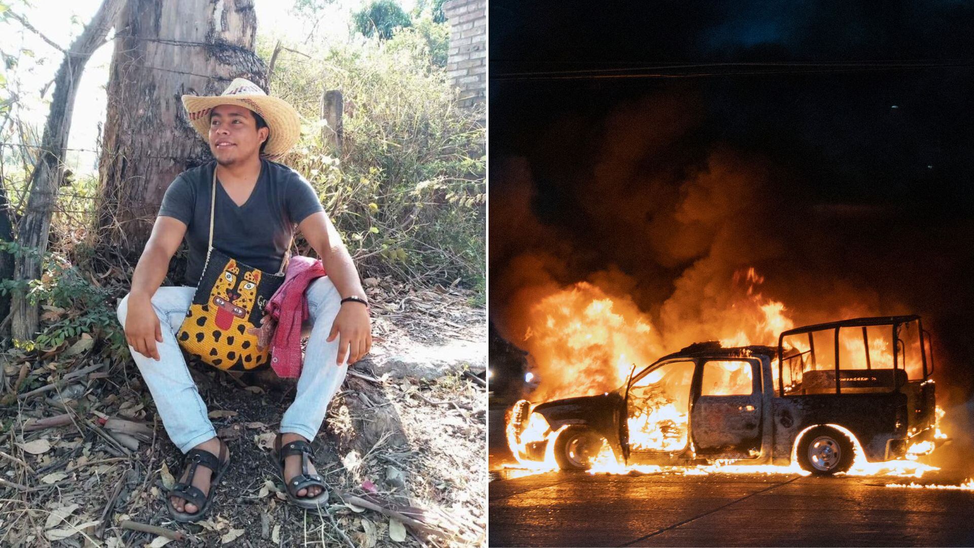 Yanqui Kothan Gómez Peralta y una patrulla incendiada. (X/@lhan55)/AFP