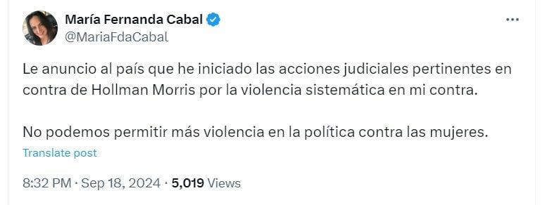 La congresista de oposición anunció que demandará a Hollman Morris, actual gerente de Rtvc, por violencia política contra la mujer - crédito @MariaFdaCabal/X