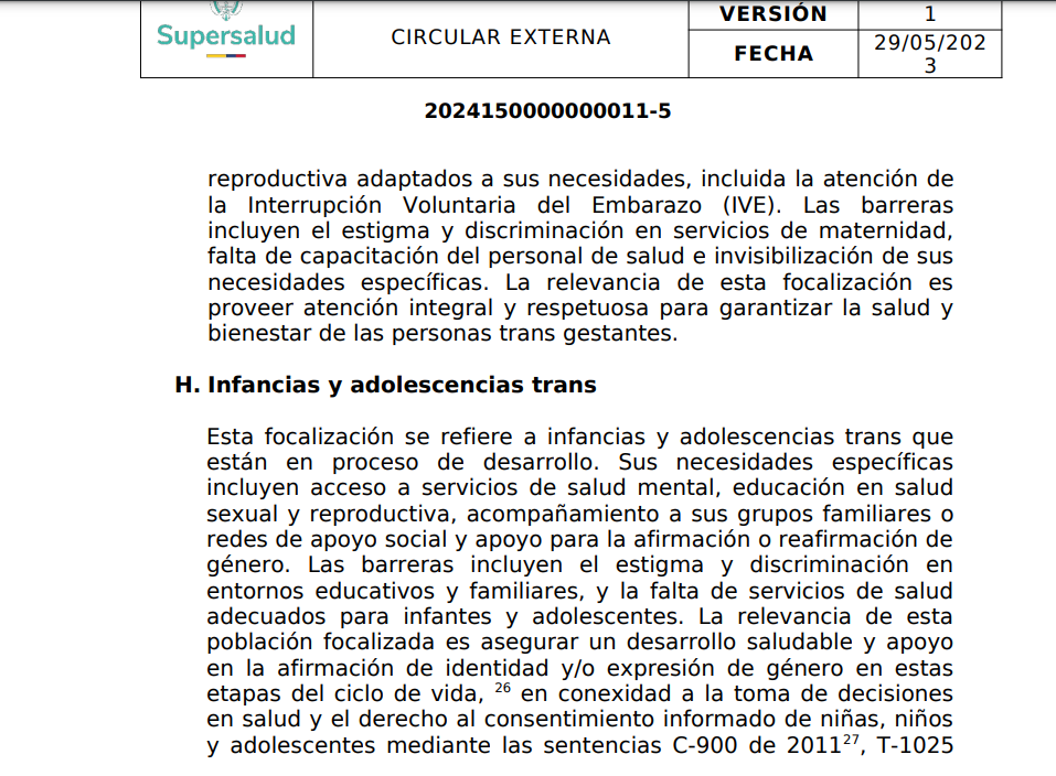 Según la circular aquellos que aun estén en proceso de definición tienen el derecho a acceder a expertos en salud mental - crédito Superintendencia Nacional de Salud