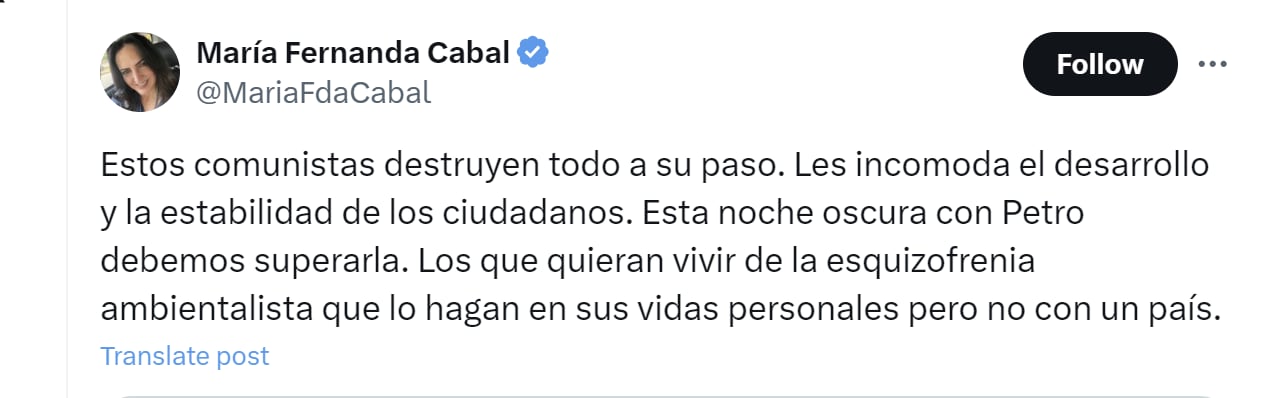 La senadora María Fernanda Cabal aseguró que hay una "esquizofrenia ambientalista" - crédito @MariaFdaCabal/X