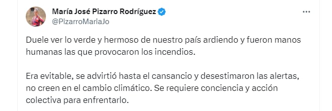 La senadora aseguró que no se debe culpar al cambio climático por los incendios en Colombia - Crédito @PizarroMariaJo/X