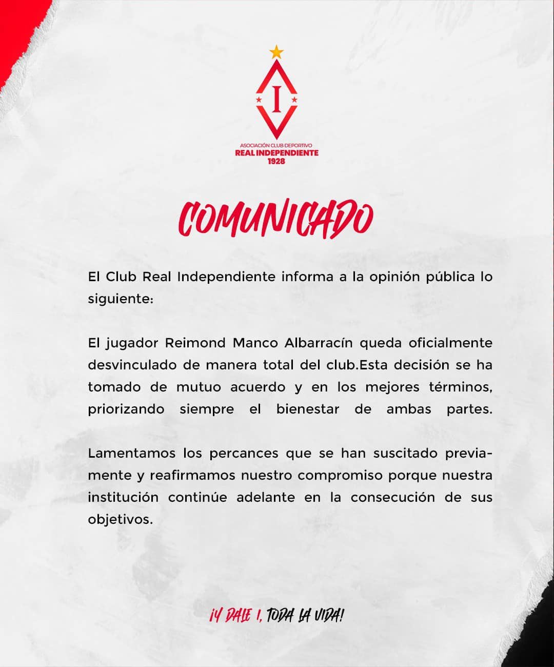 Comunicado de Real Independiente sobre salida de Reimond Manco. Crédito: Prensa club