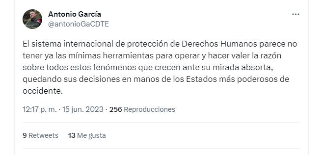 El primer comandante del ELN se despachó contra organismos internacionales por falta de ayuda en Colombia. Twitter (@antonioGaCDTE)