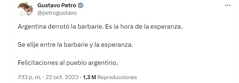 Petro opina de los resultados de las elecciones en Argentina - crédito @petrogustavo