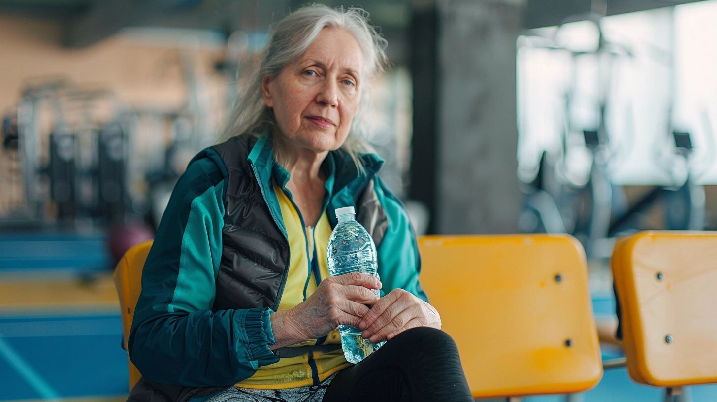 Señora mayor de la tercera edad reposando en el banco de un gimnasio, sosteniendo una botella de agua, demostrando la esencial práctica de hidratarse después de entrenar. Su compromiso con un estilo de vida saludable y el ejercicio es inspirador para personas de todas las edades. (Imagen ilustrativa Infobae)