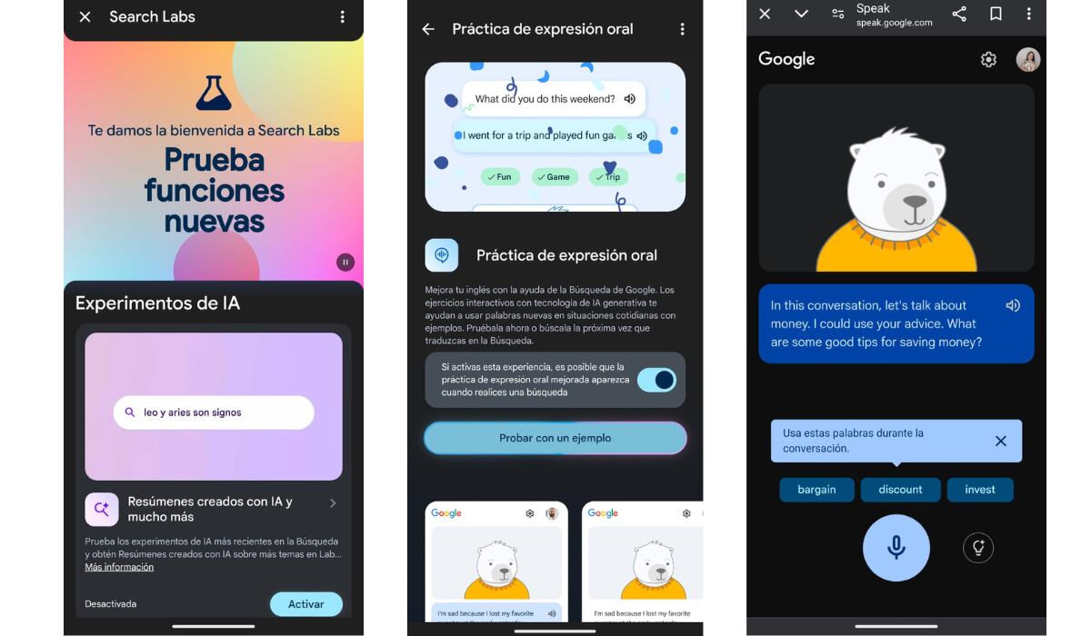 En Search Labs están la herramienta de IA para practicar inglés. (Google)