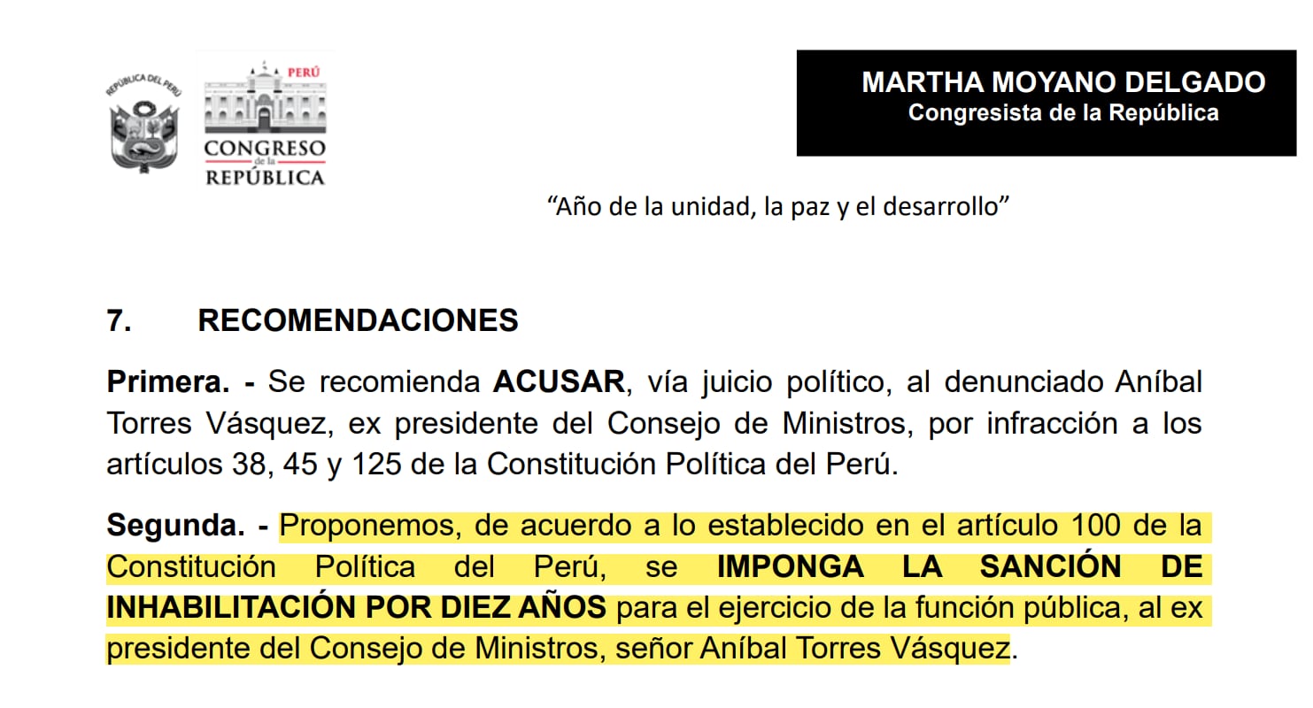 Recomendaciones del informe final de la denuncia constitucional contra Aníbal Torres