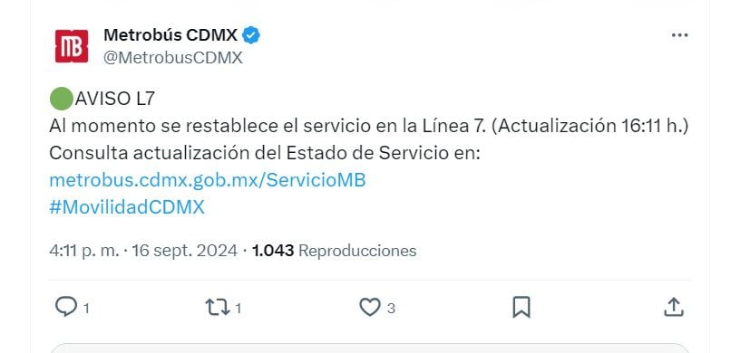 Servicio del Metrobús este 16 de septiembre (X/ @MetrobusCDMX)