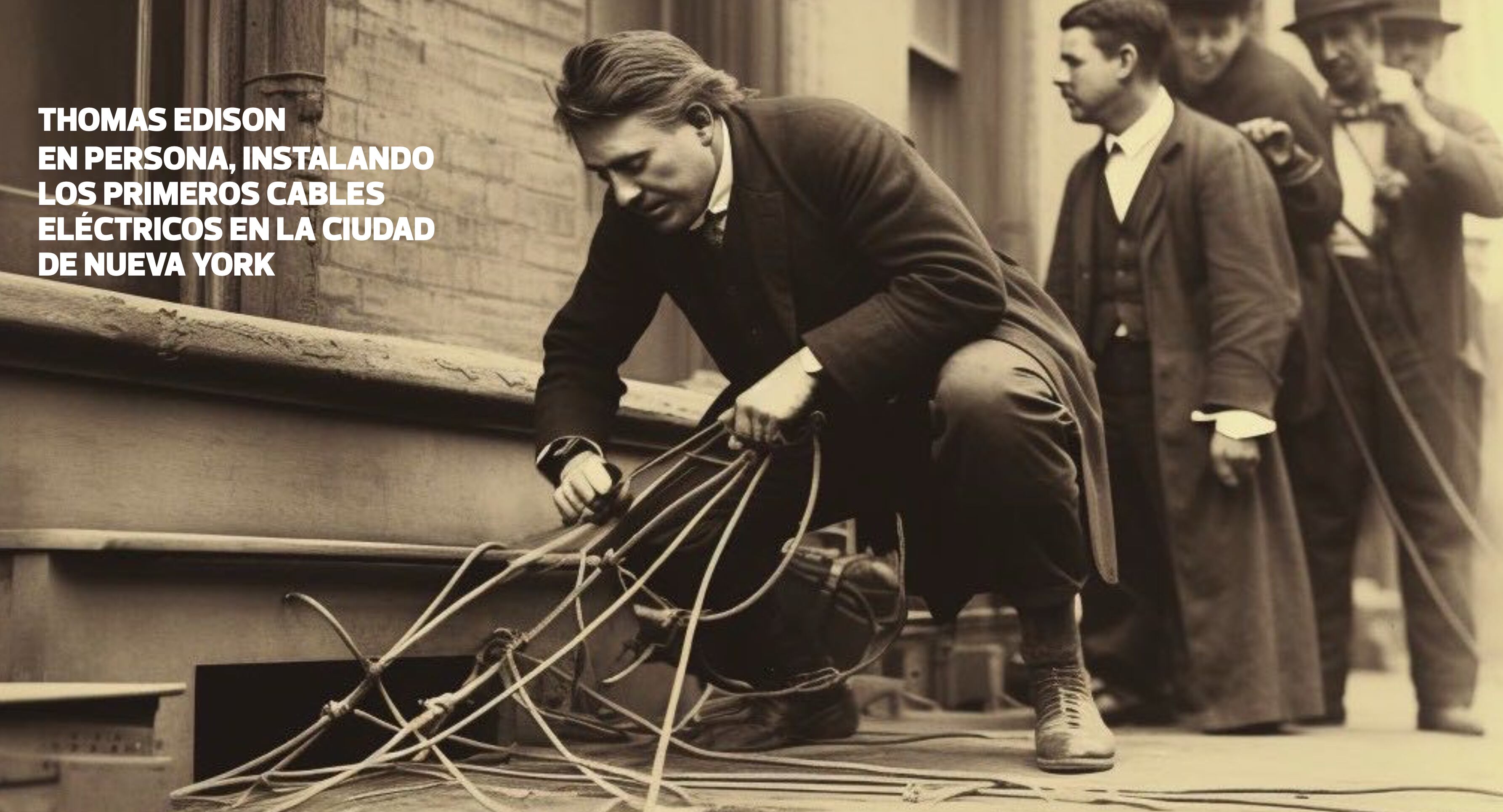 Thomas Edison en una imagen, creada por IA como todas las de la presentación de Hadad, instalando cables de electricidad en Nueva York.