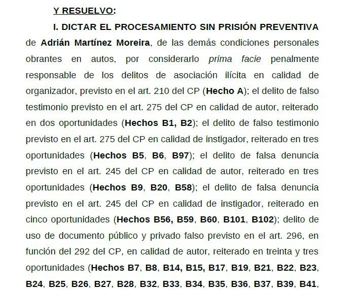 Parte de la larga lista de delitos que Capuchetti que la jueza Capuchetti le imputó a Martínez Moreira