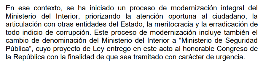 Gobierno anuncia cambio de nombre del Ministerio del Interior a Ministerio de la Seguridad Pública. Infobae Perú.