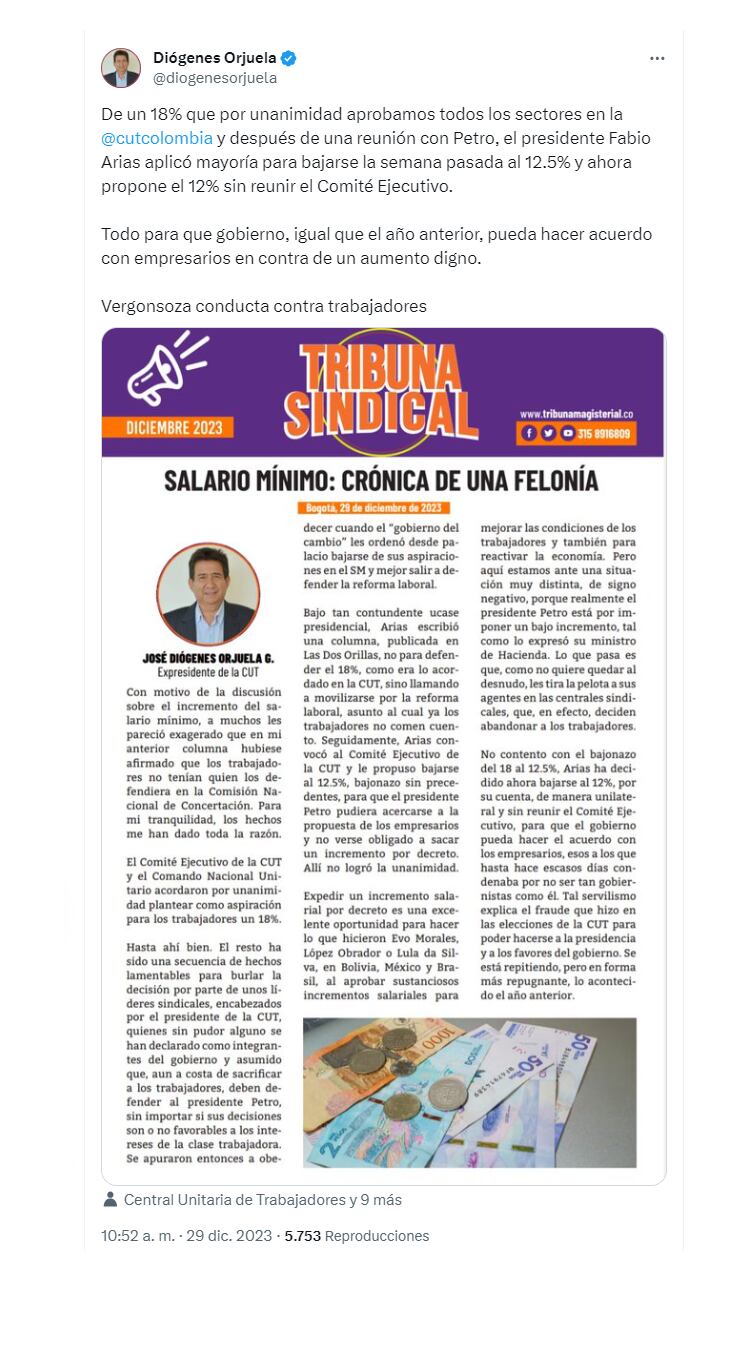 El expresidente de la CUT cuestionó que se haya bajado la propuesta sobre el incremento en el salario mínimo del 18% al 12% - crédito @diogenesorjuela/X