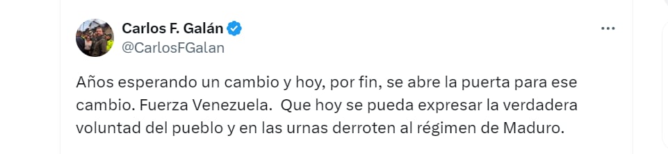 Carlos Galán dice que hay que derrotar régimen de Maduro - crédito @CarlosFGalan/X